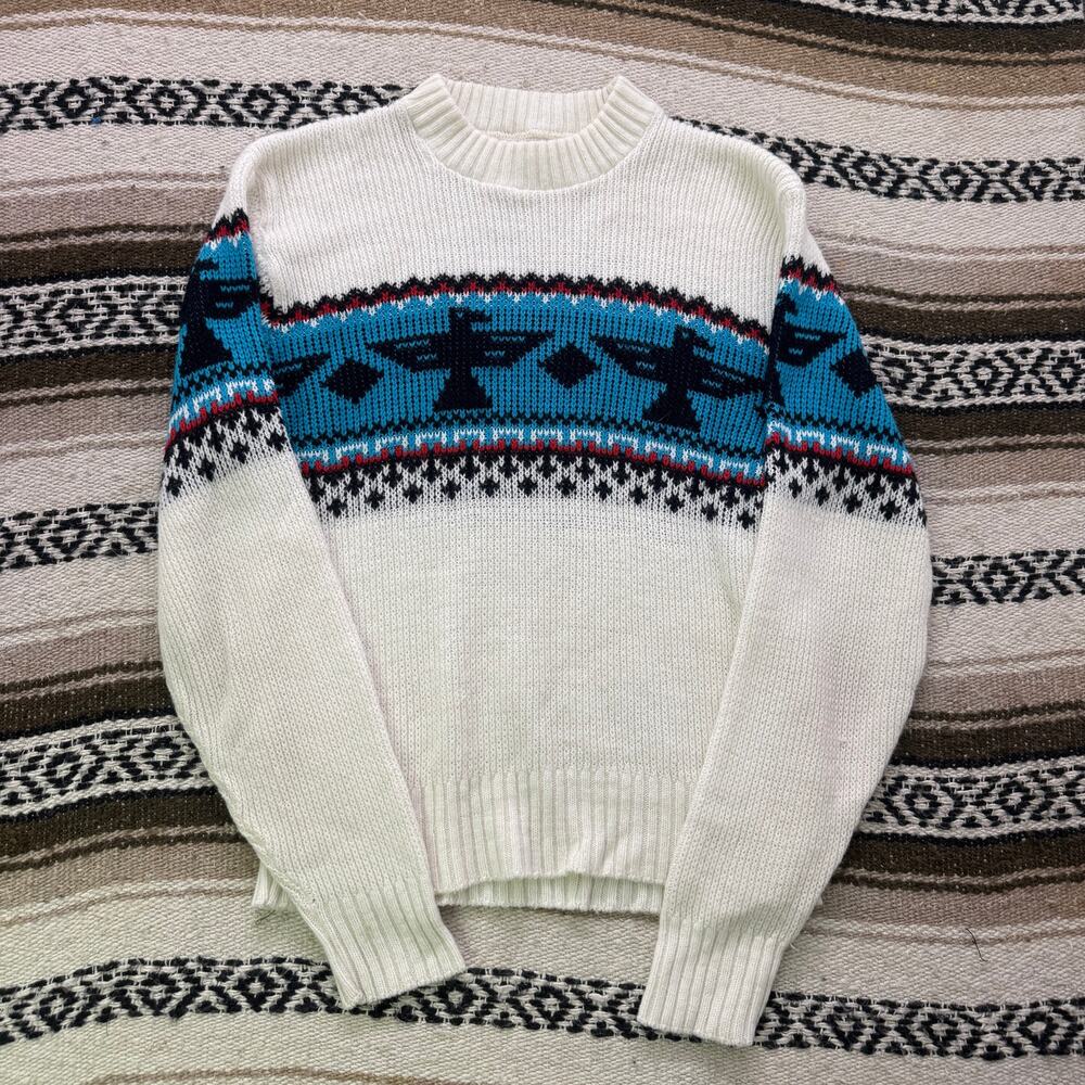 Women's Vintage 80's White Teal Eagle Southwestern Knit Pullover Sweater Sz M